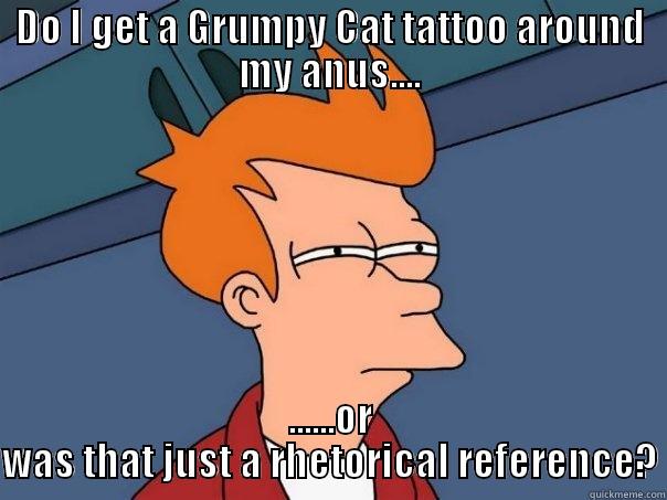 DO I GET A GRUMPY CAT TATTOO AROUND MY ANUS.... ......OR WAS THAT JUST A RHETORICAL REFERENCE? Futurama Fry