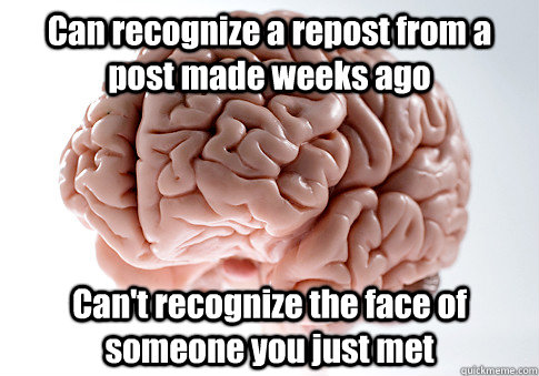 Can recognize a repost from a post made weeks ago Can't recognize the face of someone you just met  Scumbag Brain