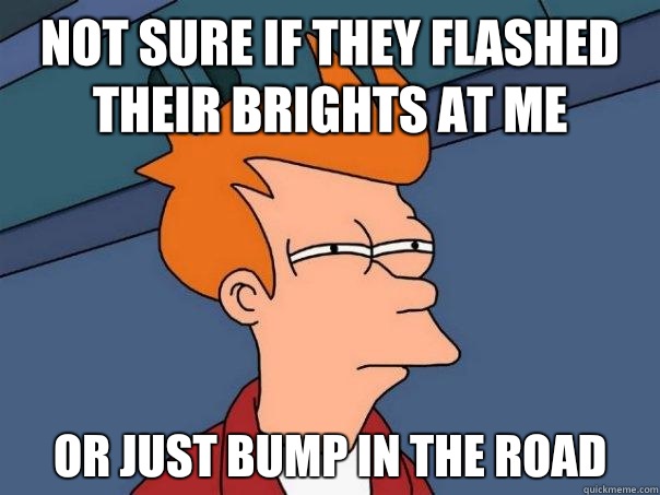 Not sure if they flashed their brights at me Or Just bump in the road  Futurama Fry