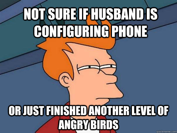 nOT SURE IF HUSBAND IS CONFIGURING PHONE  oR JUST FINISHED ANOTHER LEVEL OF ANGRY BIRDS  Futurama Fry