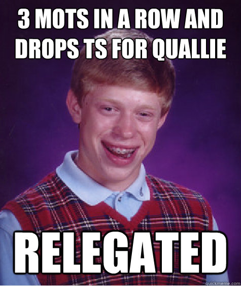 3 mots in a row and drops ts for quallie Relegated  Bad Luck Brian