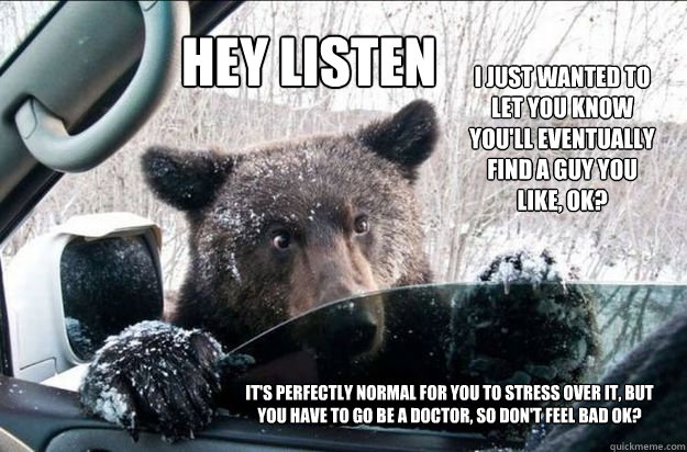 HEY LISTEN I just wanted to let you know you'll eventually find a guy you like, ok? It's perfectly normal for you to stress over it, but you have to go be a doctor, so don't feel bad ok?  Pep Talk Bear