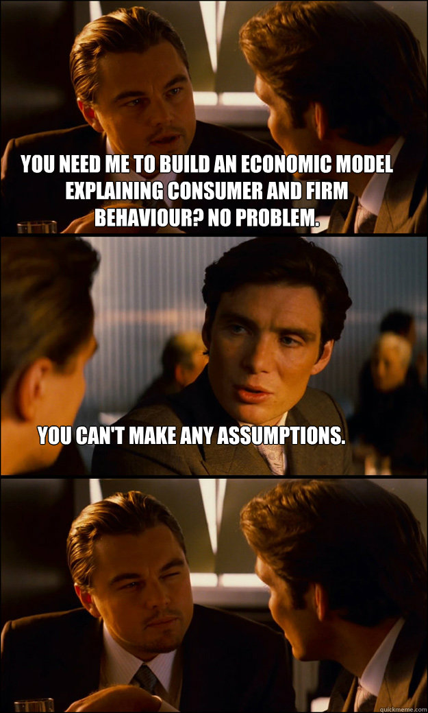 You need me to build an economic model explaining consumer and firm behaviour? No problem.  You can't make any assumptions.  Inception