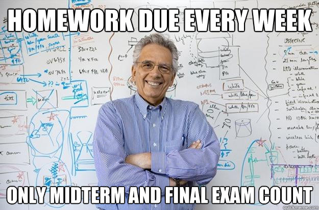 Homework due every week Only midterm and final exam count  Engineering Professor