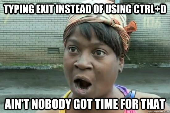 Typing exit instead of using Ctrl+d AIN'T NOBODY GOT Time FOR THAT - Typing exit instead of using Ctrl+d AIN'T NOBODY GOT Time FOR THAT  Aint nobody got time for that