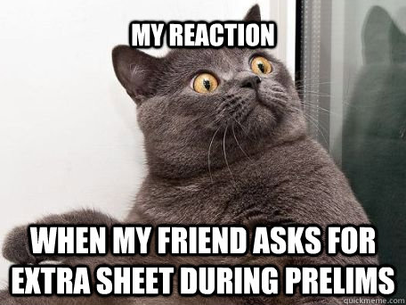 my reaction when my friend asks for extra sheet during prelims  conspiracy cat