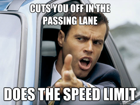 cuts you off in the 
passing lane does the speed limit  Asshole driver