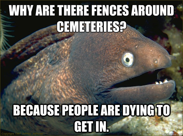 Why are there fences around cemeteries?  Because people are dying to get in. - Why are there fences around cemeteries?  Because people are dying to get in.  Bad Joke Eel