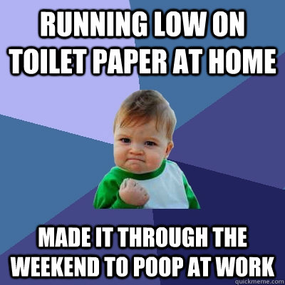 Running low on toilet paper at home Made it through the weekend to poop at work  Success Kid