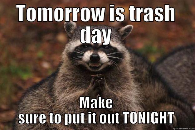 TOMORROW IS TRASH DAY MAKE SURE TO PUT IT OUT TONIGHT Evil Plotting Raccoon