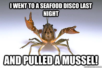 I went to a seafood disco last night and pulled a mussel! - I went to a seafood disco last night and pulled a mussel!  That shit crayfish