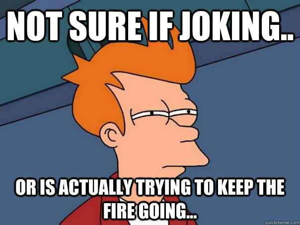 Not sure if joking.. Or is actually trying to keep the fire going...  Futurama Fry