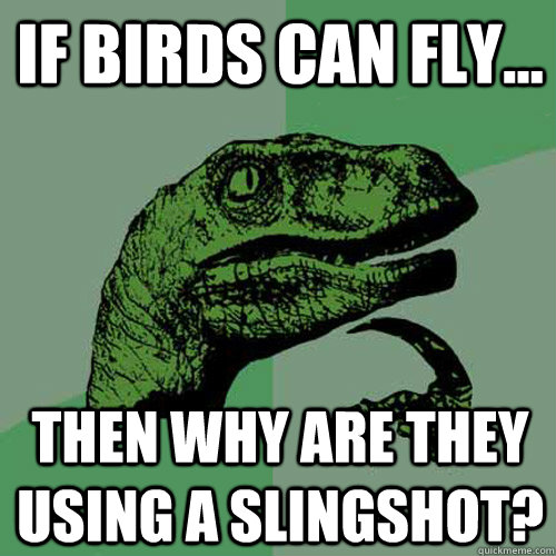 If birds can fly... then why are they using a slingshot?  Philosoraptor