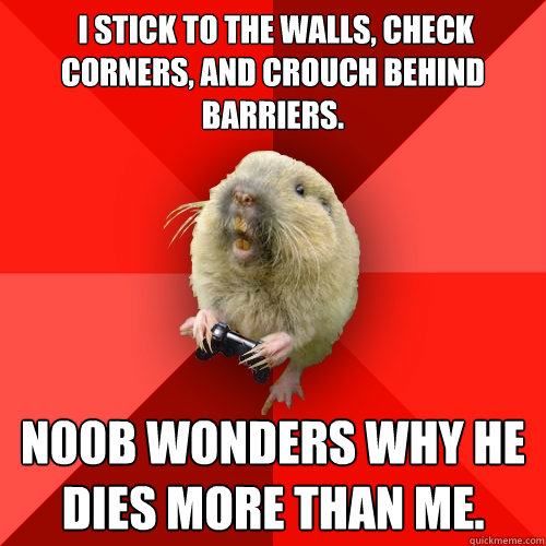  I stick to the walls, check corners, and crouch behind barriers. N00B wonders why he dies more than me.  Gaming Gopher