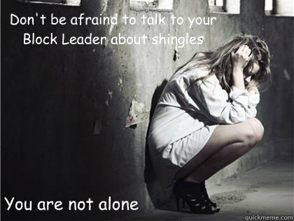 Don't be afraind to talk to your Block Leader about shingles You are not alone - Don't be afraind to talk to your Block Leader about shingles You are not alone  shingles