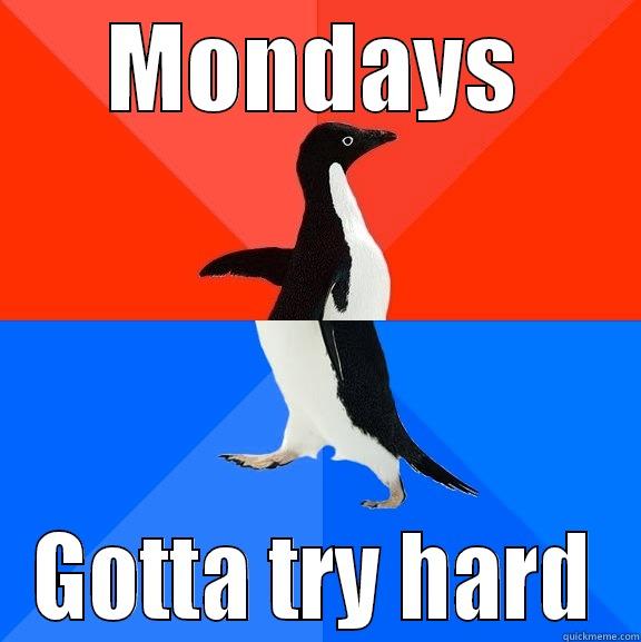 oh no monday - MONDAYS GOTTA TRY HARD Socially Awesome Awkward Penguin