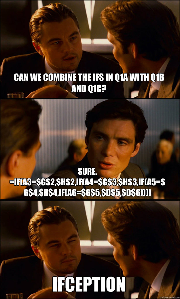 Can we combine the ifs in q1a with q1b and q1c? sure. =IF(A3=$G$2,$H$2,IF(A4=$G$3,$H$3,IF(A5=$G$4,$H$4,IF(A6=$G$5,$D$5,$D$6)))) ifception  Inception