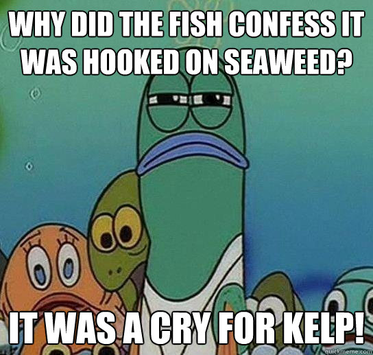 Why did the fish confess it was hooked on seaweed? It was a cry for Kelp!  Serious fish SpongeBob