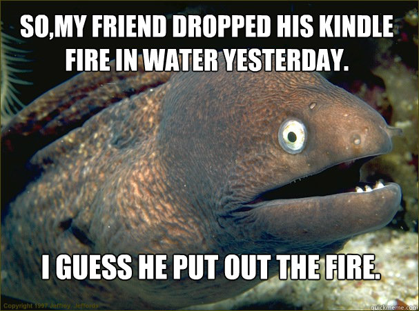 so,my friend dropped his kindle fire in water yesterday. i guess he put out the fire.  Bad Joke Eel