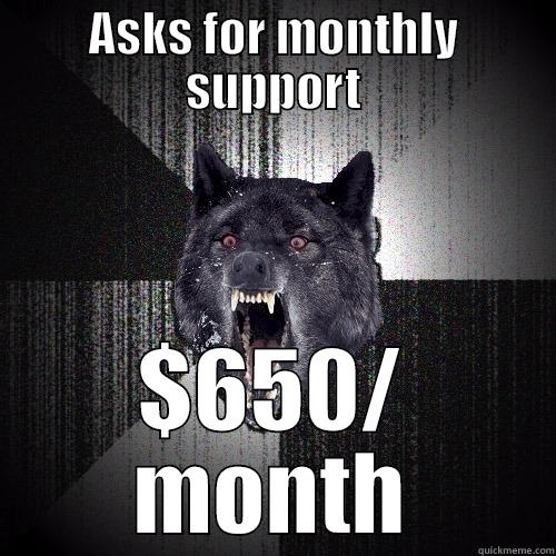 ASKS FOR MONTHLY SUPPORT $650/ MONTH Insanity Wolf