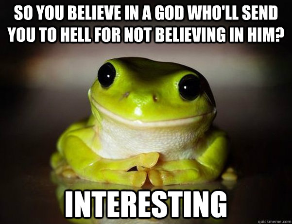 So you believe in a god who'll send you to hell for not believing in him? interesting  Fascinated Frog