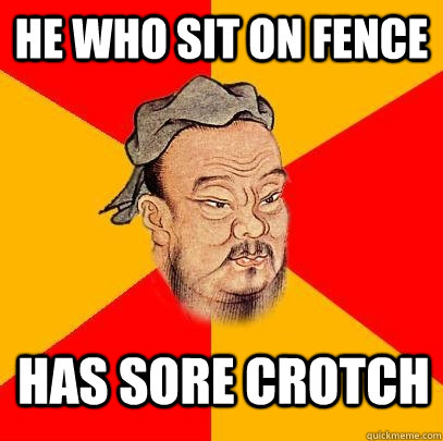 he who sit on fence has sore crotch  Confucius says