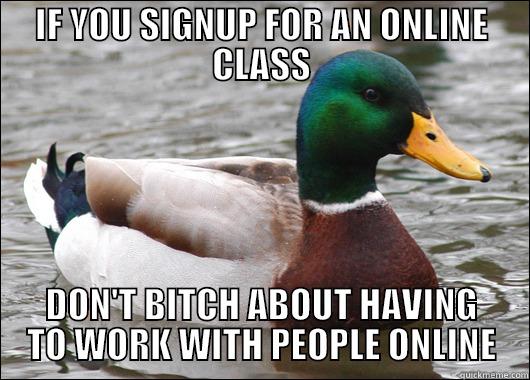 IF YOU SIGNUP FOR AN ONLINE CLASS DON'T BITCH ABOUT HAVING TO WORK WITH PEOPLE ONLINE Actual Advice Mallard