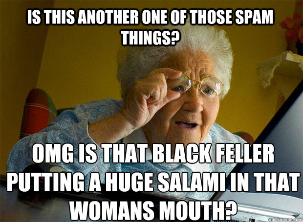 IS THIS ANOTHER ONE OF THOSE SPAM THINGS? OMG IS THAT BLACK FELLER PUTTING A HUGE SALAMI IN THAT WOMANS MOUTH?    Grandma finds the Internet