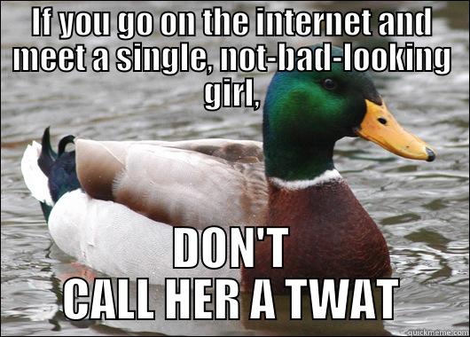 IF YOU GO ON THE INTERNET AND MEET A SINGLE, NOT-BAD-LOOKING GIRL, DON'T CALL HER A TWAT Actual Advice Mallard