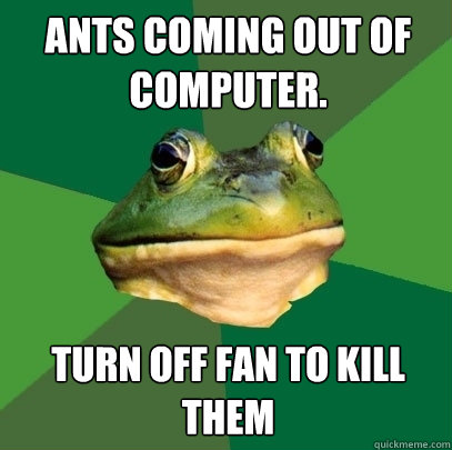 ants coming out of computer. turn off fan to kill them - ants coming out of computer. turn off fan to kill them  Foul Bachelor Frog