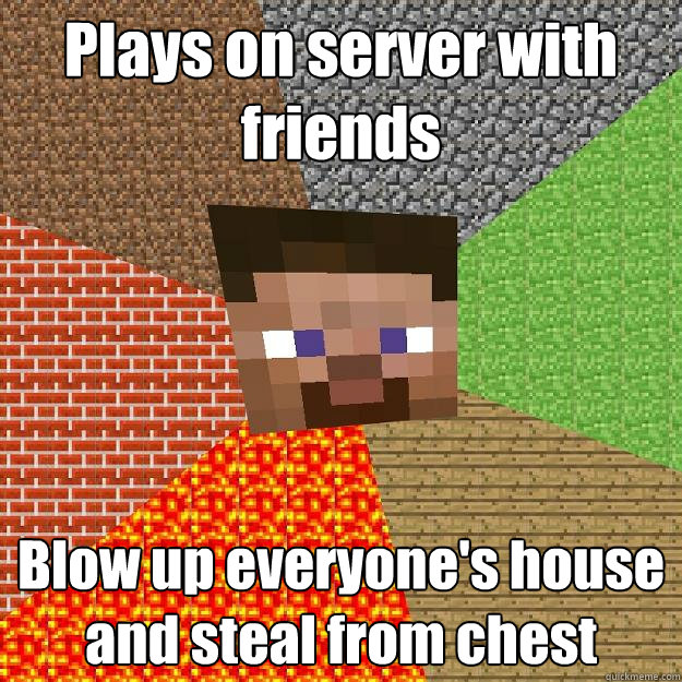 Plays on server with friends  Blow up everyone's house and steal from chest   Minecraft