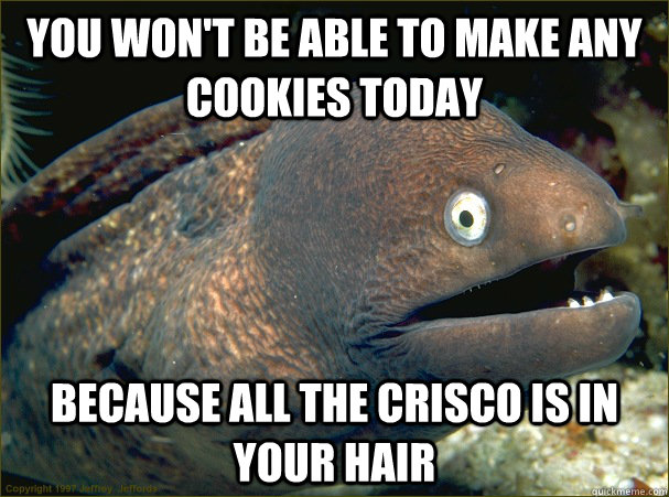 You won't be able to make any cookies today Because all the Crisco is in your hair  Bad Joke Eel