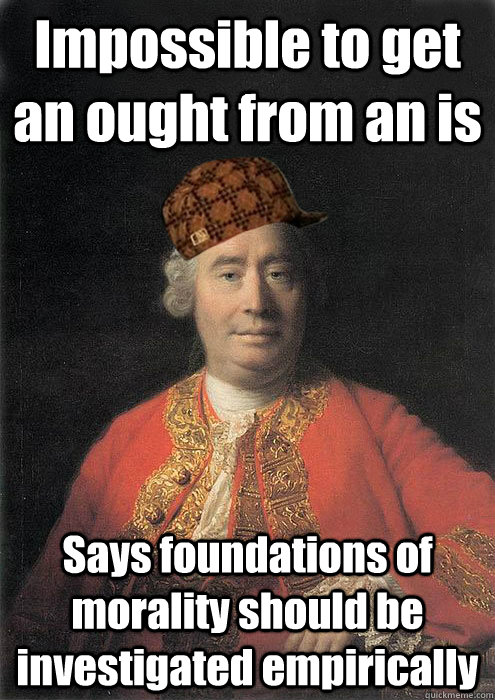 Impossible to get an ought from an is Says foundations of morality should be investigated empirically - Impossible to get an ought from an is Says foundations of morality should be investigated empirically  scumbag hume