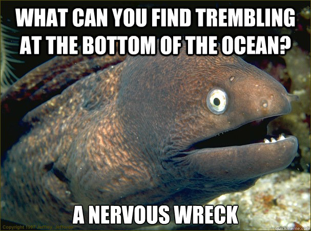 What can you find trembling at the bottom of the ocean? A nervous wreck  Bad Joke Eel