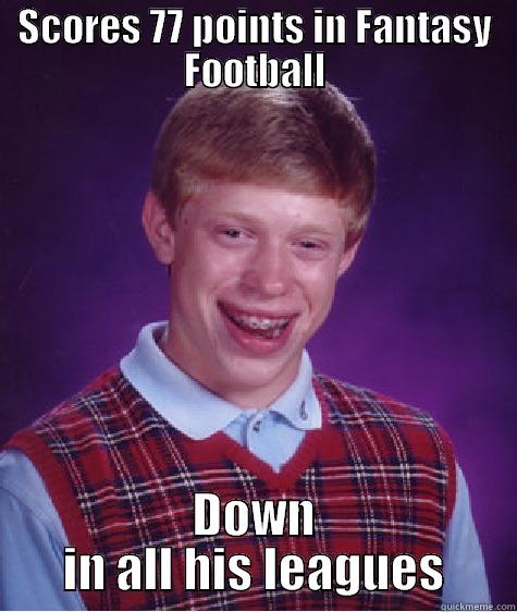 SCORES 77 POINTS IN FANTASY FOOTBALL DOWN IN ALL HIS LEAGUES Bad Luck Brian