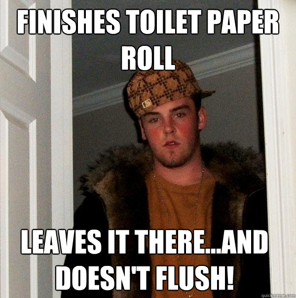 Finishes toilet paper roll Leaves it there...and doesn't flush!  Scumbag Steve