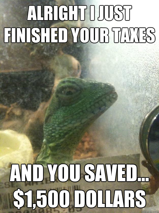 alright i just finished your taxes and you saved... $1,500 dollars  Leery Lizard