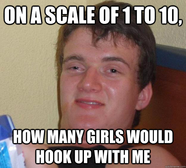 On a scale of 1 to 10, how many girls would hook up with me - On a scale of 1 to 10, how many girls would hook up with me  10 Guy