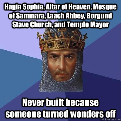 Hagia Sophia, Altar of Heaven, Mosque of Sammara, Laach Abbey, Borgund Stave Church, and Templo Mayor  Never built because someone turned wonders off  Age of Empires