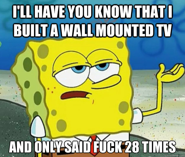 I'll have you know that I built a wall mounted tv  and only said fuck 28 times  Tough Spongebob