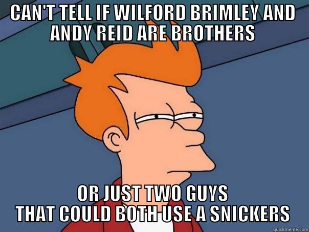 CAN'T TELL IF WILFORD BRIMLEY AND ANDY REID ARE BROTHERS OR JUST TWO GUYS THAT COULD BOTH USE A SNICKERS Futurama Fry