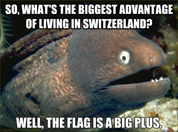 So, what's the biggest advantage of living in Switzerland? Well, The flag is a big plus.  Bad Joke Eel