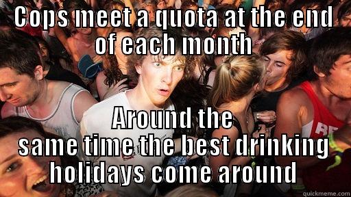 Of course it's when people come back home - COPS MEET A QUOTA AT THE END OF EACH MONTH AROUND THE SAME TIME THE BEST DRINKING HOLIDAYS COME AROUND Sudden Clarity Clarence