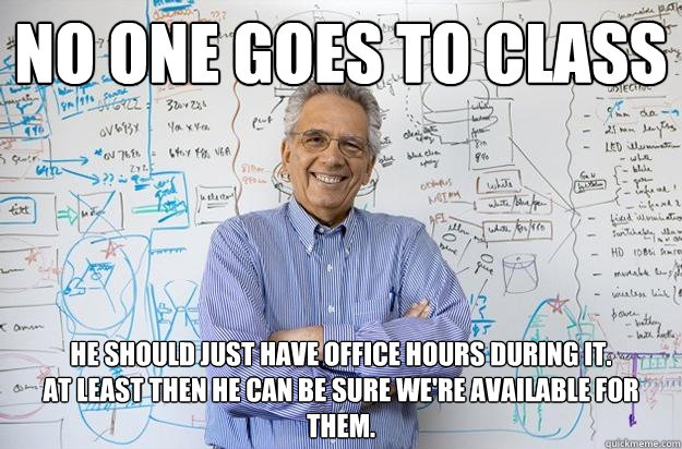 no one goes to class he should just have office hours during it. 
at least then he can be sure we're available for them.  Engineering Professor