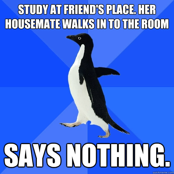 Study at friend's place. Her housemate walks in to the room SAYS NOTHING.  Socially Awkward Penguin