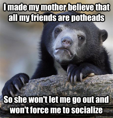 I made my mother believe that all my friends are potheads So she won't let me go out and won't force me to socialize  Confession Bear