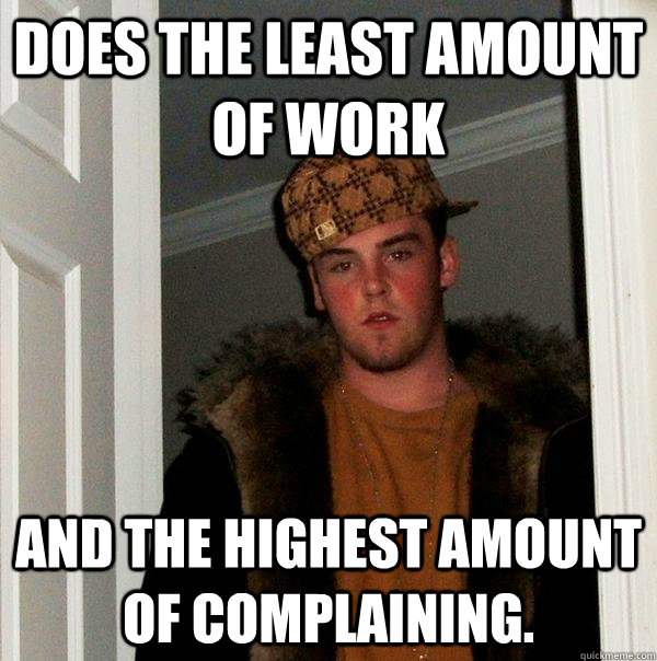 Does the least amount of work and the highest amount of complaining.  Scumbag Steve