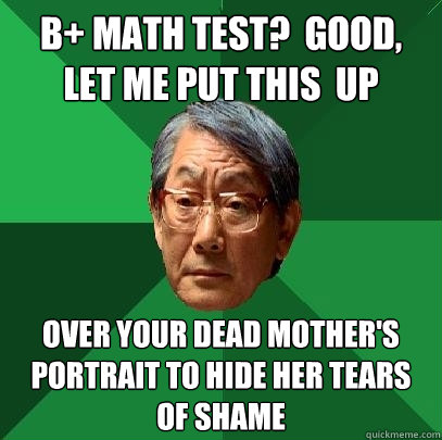 B+ Math test?  Good, let me put this  up over your dead mother's portrait to hide her tears of shame  High Expectations Asian Father