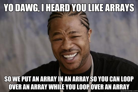 Yo Dawg, I heard you like arrays So we put an array in an array so you can loop over an array while you loop over an array - Yo Dawg, I heard you like arrays So we put an array in an array so you can loop over an array while you loop over an array  YO DAWG