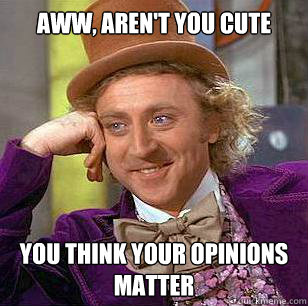 Aww, aren't you cute You think your opinions matter  Condescending Wonka